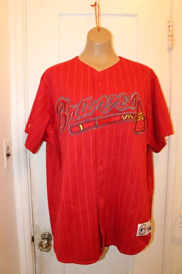 Camiseta MAJESTIC Atlanta Braves Para Hombre XL Roja Rayas Cosida Prendedor Rayas Años 90 LEER Foto 1 de 4