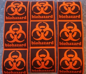 Biohazard Sticker Label Lot 30 Neon Orange vintage 3 1/2 X 4 MINT! - Picture 1 of 8