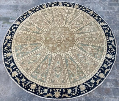 7x7 Beige Black Muted Oriental Rounded Area Rug Afghan Ziegler Modern Circle Rug - Image 1 of 4