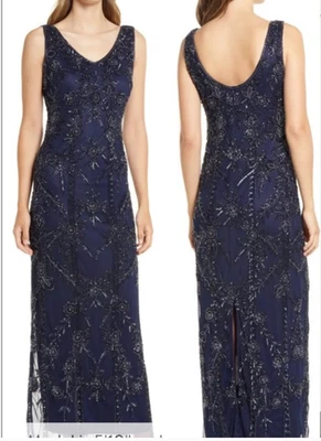 Vestido Columna Malla Cuentas Pisarro Nights, Nuevo Con Etiquetas - Nuevo Con Etiquetas, Talla 6 en Azul Marino Foto 1 de 4