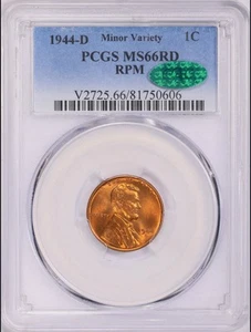 1944-D PCGS MS66RD Lincoln Wheat Cent, RPM Error Minor Variety CAC Sticker - Picture 1 of 3