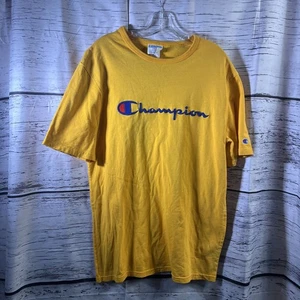 Champion Shirt Mens Large L Yellow Embroidered Heritage Tee Spell Out Casual - Picture 1 of 6
