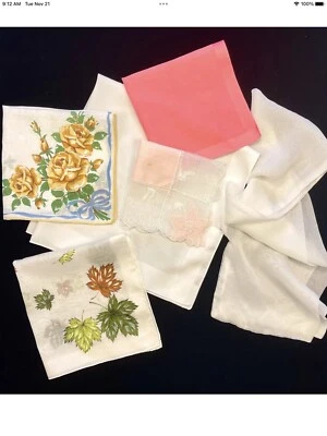Lote Antigo 6 Lenços Botânicos de Chiffon Costurados à Mão Rosa Floral Lenços de Linho - Imagem 1 de 4