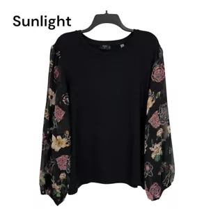 TAHARI Women 3X Black Long-Sleeve Top Blouse With Sheer Floral Balloon Sleeves - Picture 1 of 10