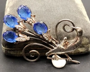 1940er Retro Sterling & blau Glas Strass Pfau Brosche - Bild 1 von 7