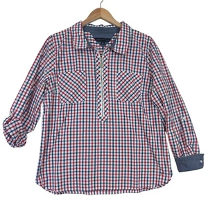 Tommy Hilfiger Popover Camicia Donna XL Rosso Blu Gingham Plaid Manica Regolabile - Foto 1 di 10