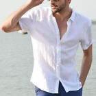 Men Linen Cotton Short Sleeve Solid Shirts Casual Fit Formal Dress Top Tee Shirt