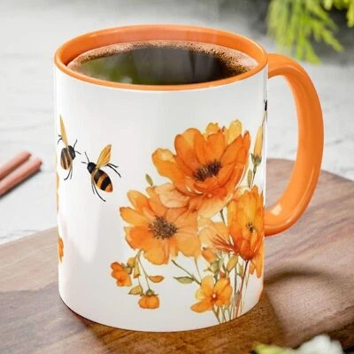 Taza de abejas florales, taza de flores naranjas, decoración de primavera, taza de café, taza de té - 11 oz Foto 1 de 4