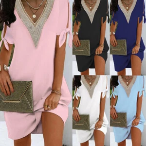 Plus Size Women Short Sleeve Dress Tops Party V Neck Summer Holiday Mini Dresses - Foto 1 di 17