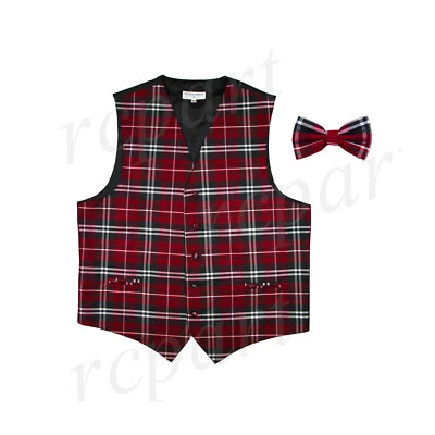 New Vesuvio Napoli Men's plaid checkered Tuxedo Vest Waistcoat_Bowtie Red formal - Image 1 of 4
