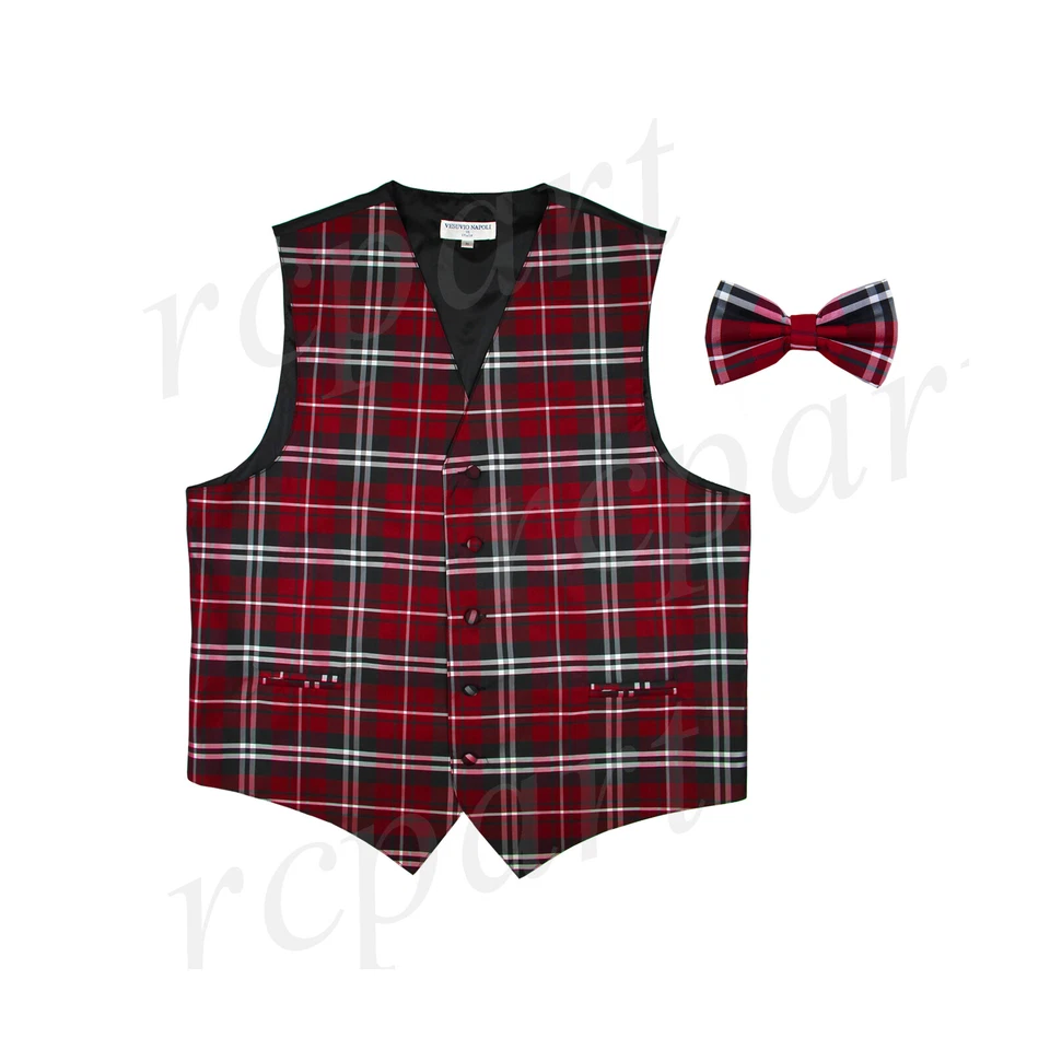 New Vesuvio Napoli Men's plaid checkered Tuxedo Vest Waistcoat_Bowtie Red formal - Image 1 of 4