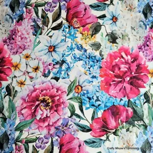 Printed Velour Velvet Upholstery Fabric 355g/m2 Pink Flowers on White HALF METER - Picture 1 of 7