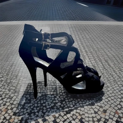 Women's Black Heels Sz 7 Report Strappy Open Toe Zipper Sexy Ankle Buckles Party - Image 1 of 4