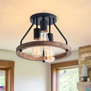 Lámpara de techo industrial de montaje empotrado, pantalla circular de madera retro, accesorio de 3 luces - Imagen 1 de 7