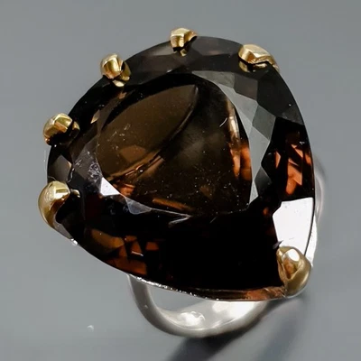 Anillo de cuarzo ahumado natural de 40 quilates con piedras preciosas de plata de ley 925 talla 9/B-R4419 Foto 1 de 4