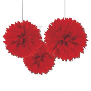 3 Fluffy Red Hanging Decorations - 40.6cm Diameter Party - Picture 1 of 1