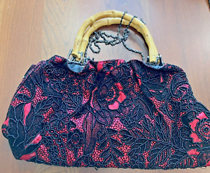 Classic Black Beaded Flowers Red Silk Like Material Purse Chain Bamboo Handles
