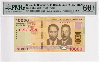 Burundi, 10.000 Francs, 2018, UNC, p54bs, Specimen - Image 1 of 2