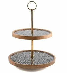 Thirstystone Modern Global Two-Tier Wood & Enamel Dessert Stand - NEW - Picture 1 of 4