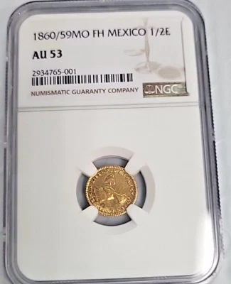 Moneda de Oro 1/2 Escudos México 1860/59Mo FH NGC AU53 J233 Foto 1 de 4