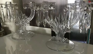 2 Vintage Fostoria Crystal Two Arms Candlestick with Prisms and Bobeches - Picture 1 of 7