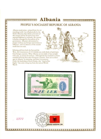 Albania Banknote 1 Lek 1976 P-40 UNC with UN FDI FLAG STAMP CC 908245 Cover