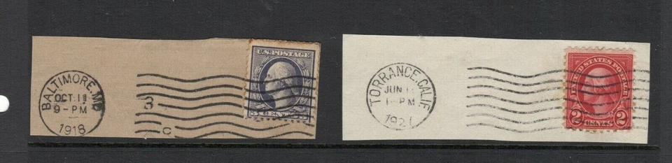 US 1918 cds Baltimore MD and a 1927 Torrance, CA CDS USED on pieces  - Image 1 of 1