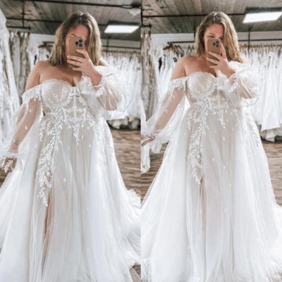 Plus Size Sexy Wedding Dresses Off the Shoulder Side Split Tulle Bridal Gowns - Image 1 of 4