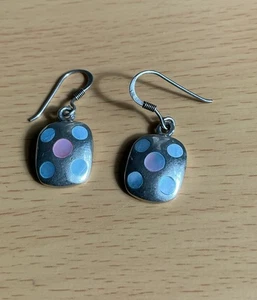 925 Silver Modernist Design Mother Of Pearl Inlay Drop Earrings/ 5.19g - Picture 1 of 5