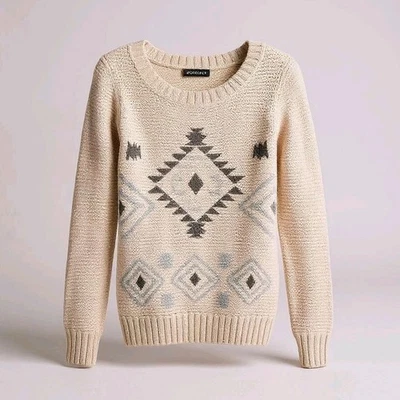 VENUS Aztec Geometric Knit Sweater Women’s S Beige Boho Pullover Retro Fall Top - Image 1 of 4
