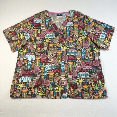 SCRUBS Vintage Medical Top Hawaii Surf Tiki Luau Print Brown Unisex Size XL - Image 1 of 4