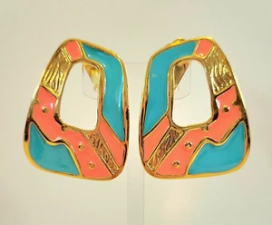 Vintage Avon Aqua/Türkis Orange/Koralle riesige Grafik Ohrringe Clip auf goldfarben - Bild 1 von 19