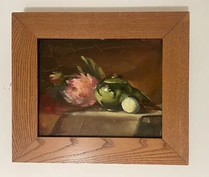 Oil on Canvas Still Life Flower and Green Pot Framed Painting Size 14" X 12" - Picture 1 of 2