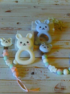 White or Blue Silicone Bunny Sensory Learning Set with Beaded Chain & Bunny Clip - Picture 1 of 18