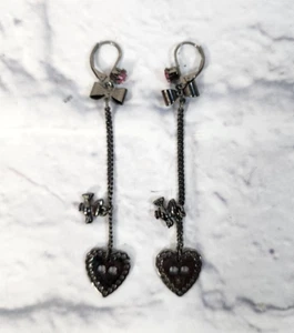Vintage Betsey Johnson Hearts Dangle Gem Birds Charm Hoop Earrings - Picture 1 of 3
