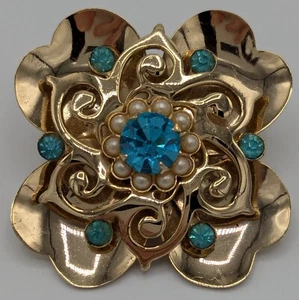 1949 Sarah Coventry Golden Sunburst Brooch Pendant Blue Rhinestones Faux Pearls - Picture 1 of 13