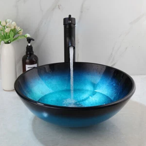 FA Bathroom Silver Round Glass Vanity Basin Bowl Vessel Sink Mixer Black Faucet - Picture 1 of 7