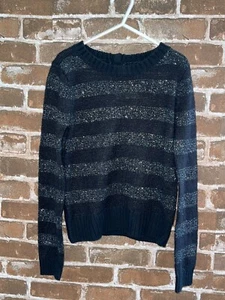 NWT GAP KIDS GIRLS 10 MIDNIGHT SPARKLE BLACK STRIPED SWEATER METALLIC THREAD - Picture 1 of 2