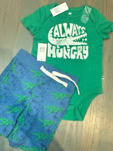 NWT Baby Gap boy 2-piece SUMMER green alligator dinosaur shorts SET 6 9 12 - Picture 1 of 6