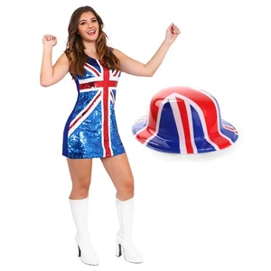 UNION JACK DRESS & HAT SEQUIN DRESS BOWLER HAT BRITAIN FANCY DRESS VE DAY 2025 - Picture 1 of 7