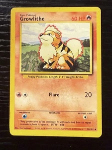 Growlithe 28/102 Pokémon TCG Base Set Shadowless Unlimited Regular Uncommon LP - Bild 1 von 2