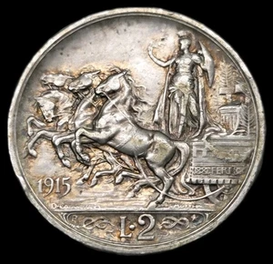 Moneda de plata antigua nítida de 2 liras de tono claro Italia 1915 KM:55 (cag012) - Imagen 1 de 4