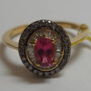 STS Rubellite & Diamond Double Halo Yellow Gold Plated 925 Silver Ring Size 9 - Picture 1 of 14