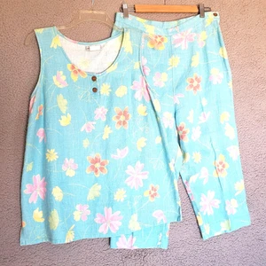 VTG Studio Ease Tank Top Pant Set Womens 12 Aqua Blue Floral 100% Linen Crop USA - Picture 1 of 17