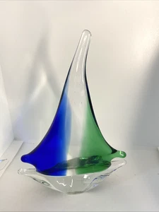 Vintage Art Glass Sailboat Sculpture Blue Green Clear Ocean Unsigned - Picture 1 of 6