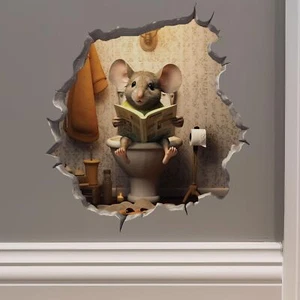 Mouse Sitting on Toilet in Mouse Hole Decal - Mouse Hole Sticker with 3D Effe... - Picture 1 of 9