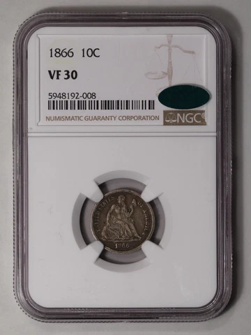 1866 Seated Liberty Dime 10C NGC VF30 (CAC) Cover