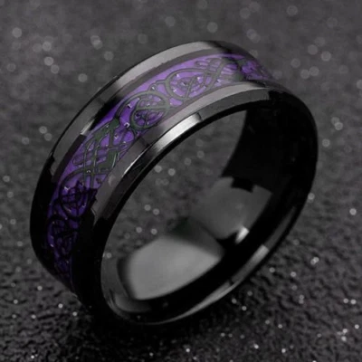 8mm Black Stainless Steel Purple Dragon Inlay Engagement Wedding Ring Size 7 -12 - Image 1 of 3