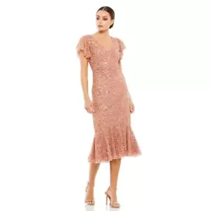 Robe midi neuve Mac Duggal taille 14 rose or rose manches volantes col V paillettes - Photo 1 sur 8