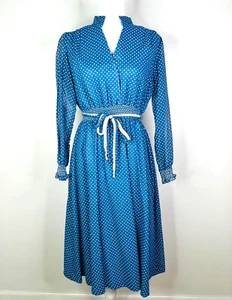 Vtg Holly-Mode of California Dress Sz 10 Blue Polka Dot Midi Prairie Cottagecore - Picture 1 of 9